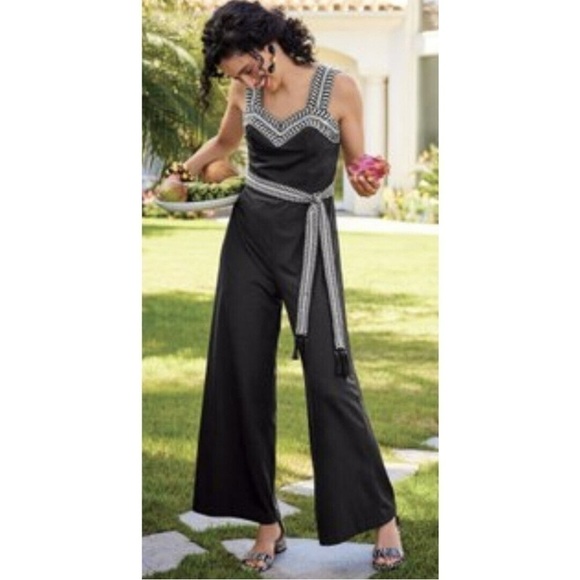 Soft Surroundings Sissa & Black White Embroidered Wide Leg Belted Jumpsuit NWT - Picture 1 of 9